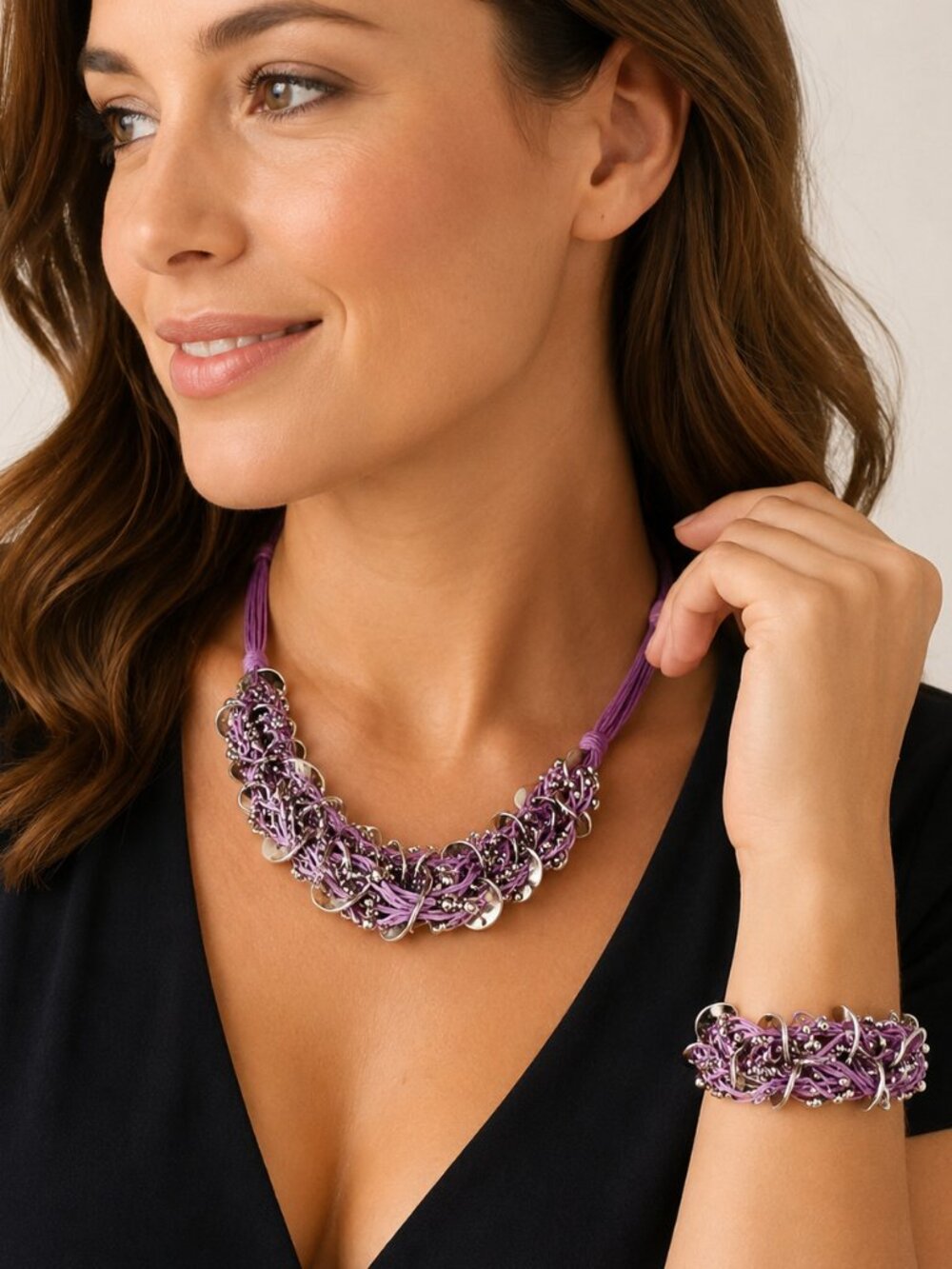 Purple Statement Necklace & Bracelet Set – Silver Tone Artisan Jewelry